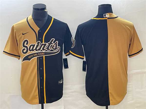 Men%27s New Orleans Saints Black Gold Split Cool Base Stitched Baseball Jersey